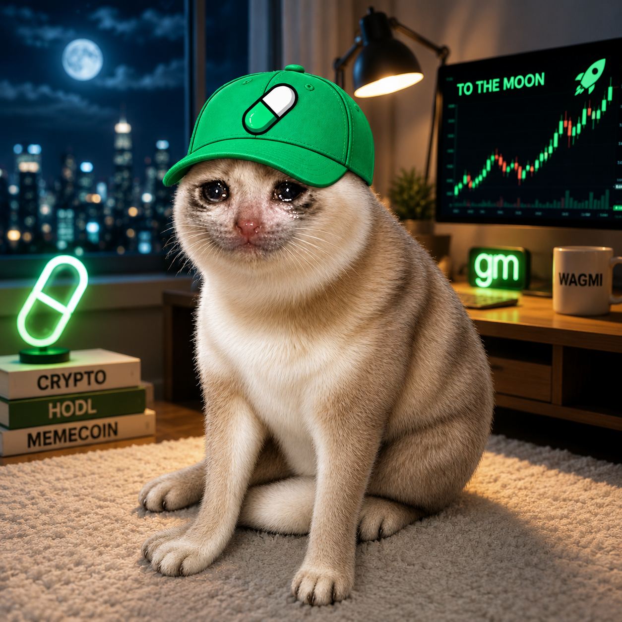 PUMPCAT riding a bull made of green candles